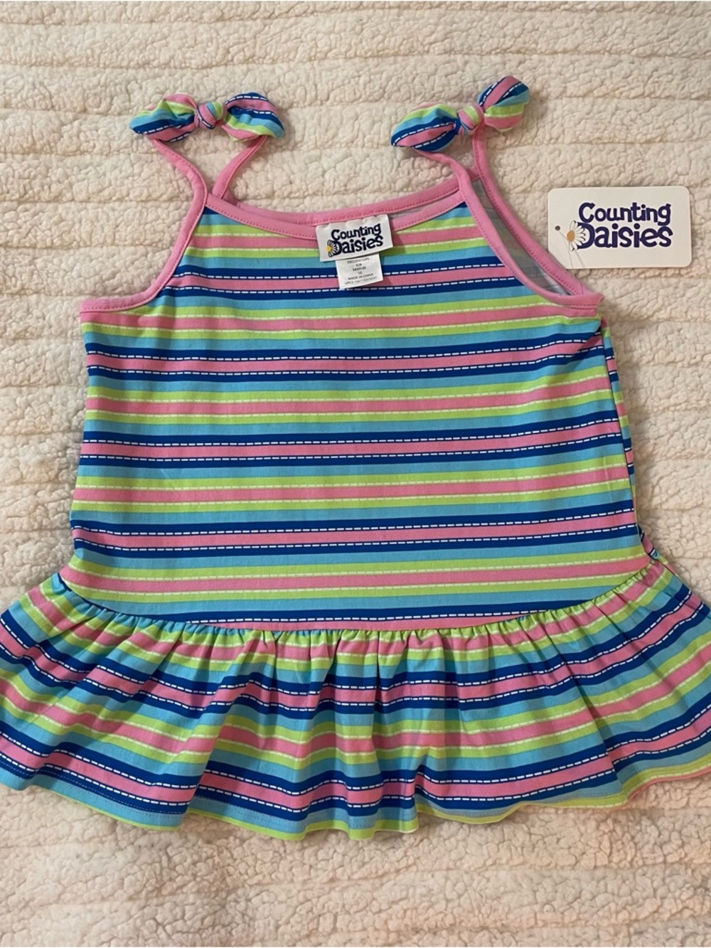 Counting Daisies Girls' Pink, Blue & Green Striped Ruffle Tank